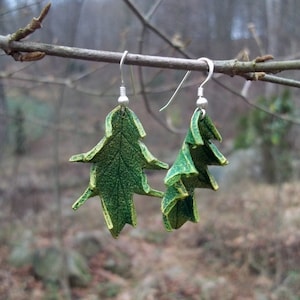 Green Leather Oak Leaf Earrings