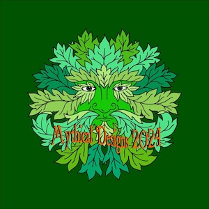 Peut inclure: Illustration verte d'un visage d'Homme Vert, compos&eacute; de feuilles, sur fond vert. Le visage a une moustache et une barbe faites de feuilles. Le texte "Mythical Designs 2024" est en orange.