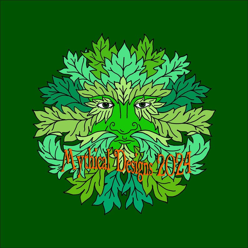 Peut inclure: Illustration verte d'un visage d'Homme Vert, compos&eacute; de feuilles, sur fond vert. Le visage a une moustache et une barbe faites de feuilles. Le texte "Mythical Designs 2024" est en orange.