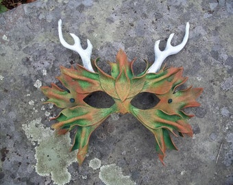 Autumn Green Man Leather Mask with Antlers