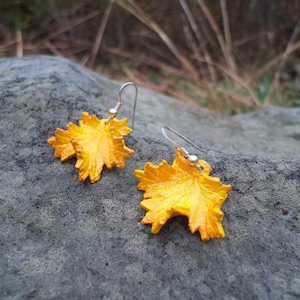 Puede incluir: Un par de pendientes de hoja amarilla con ganchos plateados. Los pendientes están sobre una superficie de roca gris.