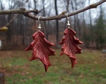 Red Leather Oak Leaf Earrings