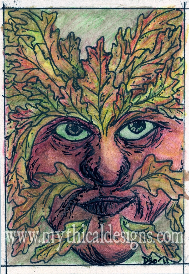 Autumn Oak Leaf Green Man 1 ACEO image 1
