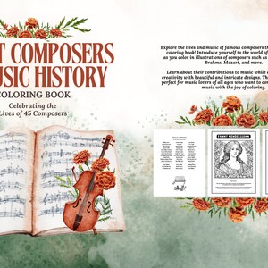 Puede incluir: Una portada de libro para colorear que muestra un libro abierto con notas musicales, un violín y flores. El título es "Great Composers in Music History: Coloring Book, Celebrating the Lives of 45 Composers".