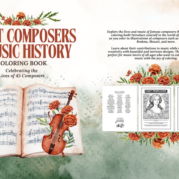 Grandes compositores de la historia de la música: Libro para colorear que celebra la vida de 45 compositores: ¡Beethoven, Bach, Mozart, Schuman y más!