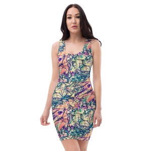 May include: A sleeveless dress with a fitted silhouette. The dress features a colorful abstract print with shades of blue, green, yellow, orange, and pink.