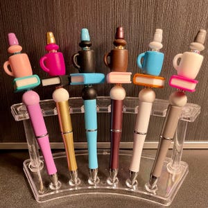 Handmade Beaded Pens with Silicone Mug & Book Focal Beads - Black Ink + Refill