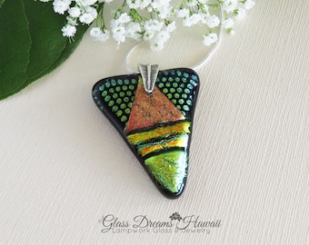 Art Glass Pendant, Fused Glass Pendant, Hawaii Handmade Jewelry, Statement Pendant, Green, Bronze, Gold Pattern, Triangle Shape