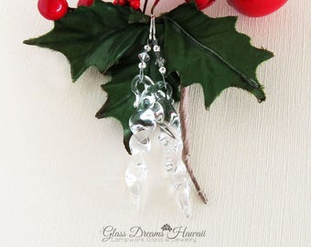 Sparkling Glass Icicle Dangle Earrings, Lampwork Boro Glass, Crystal Clear Glass, Festive Jewelry, Handmade,  Christmas Jewelry