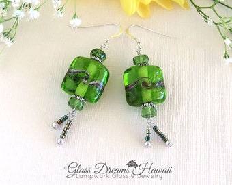 Spring Green Dangle Earrings, Lampwork Glass Bead Earrings, Handmade Lampwork Glass Earrings, Beach Earrings BOHO Earrings