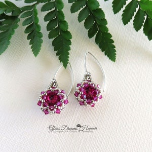 Swarovski Crystal Rivoli Dangle Earrings, Beaded Bezel Rivoli Earrings, Fuchsia Crystal Rivoli Earrings, Arched Fancy Ear Wires image 2