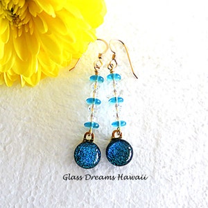 Dichroic Glass Dangle Earrings, Fused Glass Earrings, Handmade Dichroic Glass Jewelry, Dichroic Fashion Earrings, Tropical Blue Earrings