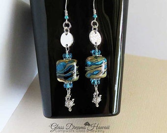 Sand and Sea Dangle Earrings Handmade Lampwork Glass Bead Earrings with Turtle Charm Beach Theme Earrings with Sterling Silver Findings