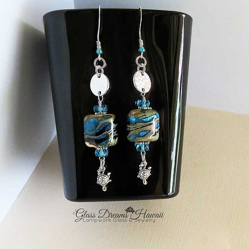 Sand and Sea Dangle Earrings Handmade Lampwork Glass Bead Earrings with Turtle Charm Beach Theme Earrings with Sterling Silver Findings image 1