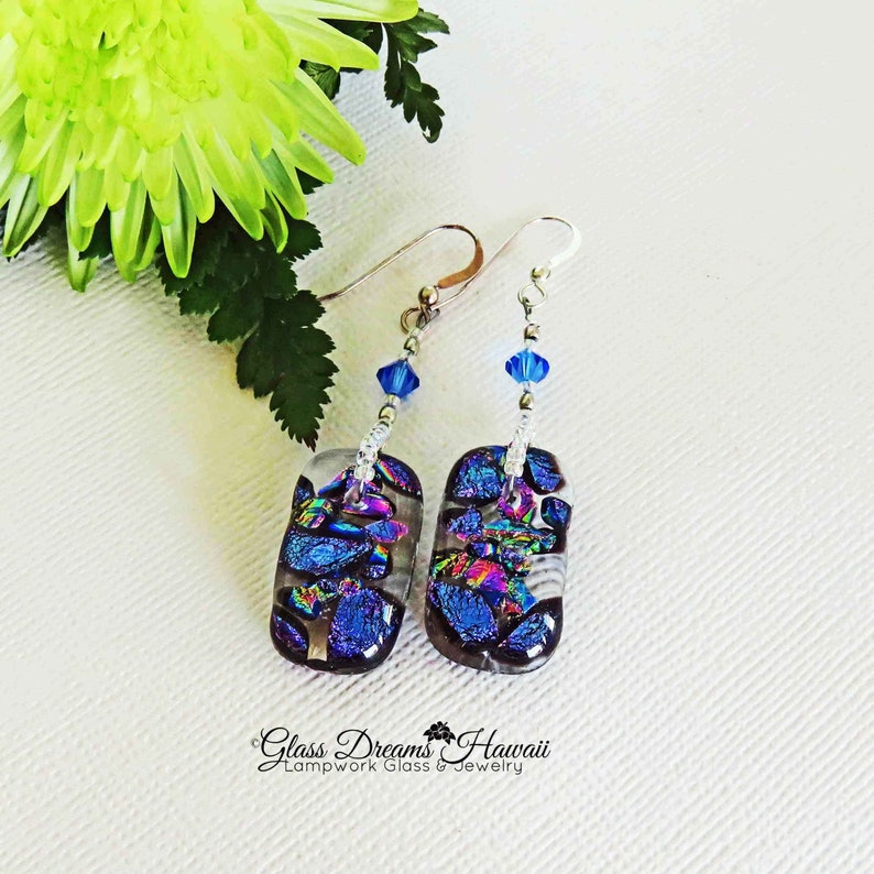 Fused Glass Drop Earrings, Dichroic Glass Dangle Earrings, Sparkling Glass Dangle Earrings. Art Glass Jewelry, Handmade Fashion Earrings image 1