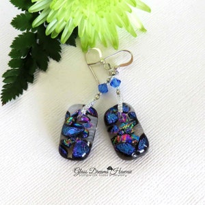 Fused Glass Drop Earrings, Dichroic Glass Dangle Earrings, Sparkling Glass Dangle Earrings. Art Glass Jewelry, Handmade Fashion Earrings image 4