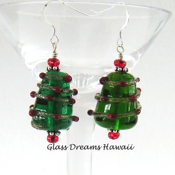 Vacances De Noël Arbre de Noël Dangle Boucles d’oreilles de mode, Handmade Hawaii Artisan Lampwork Bijoux en verre