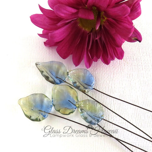 Lampwork Glass Leaf Headpins (5), Handmade Lampwork Glass Beads, Hawaii Handmade, Pale Blue & Amber, Jewelry Findings, Lampwork Leaves