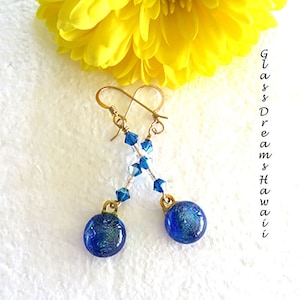 Azure Blue Dangle Earrings, Fused Dichroic Glass Earrings, Handmade Dichroic Glass Jewelry,  Fashion Earrings, BOHO Earrings