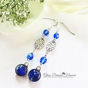 Lapis Blue Dangle Earrings Fused Dichroic Glass Earrings Glass Jewelry, Fashion Earrings Glass Dangle Earrings,Boho Jewelry image 1