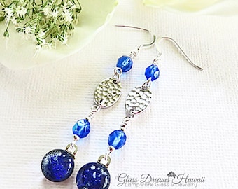 Lapis Blue Dangle Earrings Fused Dichroic Glass Earrings Glass Jewelry, Fashion Earrings Glass Dangle Earrings,Boho Jewelry