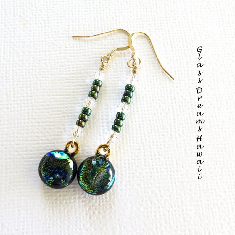 Dichroic Glass Dangle Earrings Fused Glass Drop Earrings Handmade Stylish Glass Jewelry Peacock Blue Earrings BOHO Jewelry image 5