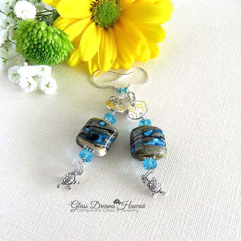 Sand and Sea Dangle Earrings Handmade Lampwork Glass Bead Earrings with Turtle Charm Beach Theme Earrings with Sterling Silver Findings image 6