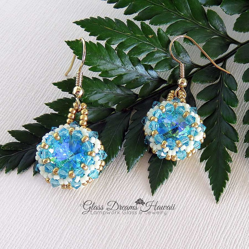 Beaded Crystal Dangle Earrings Swarovski Crystal Dangle Earrings Swarovski Glacier Blue Rivolis Beaded Bezel Crystal Earrings image 1