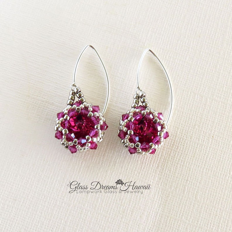 Swarovski Crystal Rivoli Dangle Earrings, Beaded Bezel Rivoli Earrings, Fuchsia Crystal Rivoli Earrings, Arched Fancy Ear Wires image 5