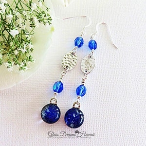 Lapis Blue Dangle Earrings Fused Dichroic Glass Earrings Glass Jewelry, Fashion Earrings Glass Dangle Earrings,Boho Jewelry image 4