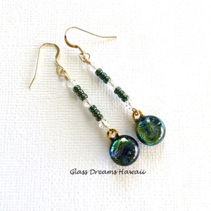 Dichroic Glass Dangle Earrings Fused Glass Drop Earrings Handmade Stylish Glass Jewelry Peacock Blue Earrings BOHO Jewelry image 4