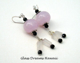 Glass Bead Dangle Earrings, Shell Pink Drop Earrings, Handmade Lampwork Glass, Hawaii Handmade, BOHO Fashion Jewelry