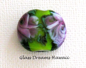 Floral Glass Focal Bead, Hawaii Handmade Lampwork, Lentil Shape Focal Bead, Artisan Glass Bead, Pink With Green Background, Focal Bead