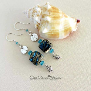 Sand and Sea Dangle Earrings Handmade Lampwork Glass Bead Earrings with Turtle Charm Beach Theme Earrings with Sterling Silver Findings image 4