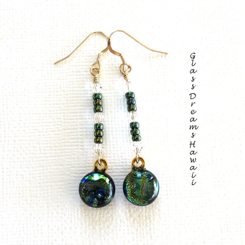 Dichroic Glass Dangle Earrings Fused Glass Drop Earrings Handmade Stylish Glass Jewelry Peacock Blue Earrings BOHO Jewelry image 3