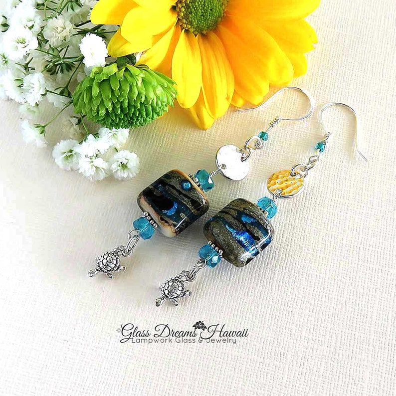 Sand and Sea Dangle Earrings Handmade Lampwork Glass Bead Earrings with Turtle Charm Beach Theme Earrings with Sterling Silver Findings image 5