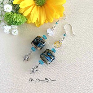 Sand and Sea Dangle Earrings Handmade Lampwork Glass Bead Earrings with Turtle Charm Beach Theme Earrings with Sterling Silver Findings image 7