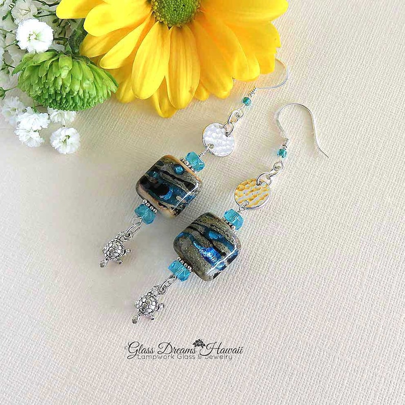 Sand and Sea Dangle Earrings Handmade Lampwork Glass Bead Earrings with Turtle Charm Beach Theme Earrings with Sterling Silver Findings image 7