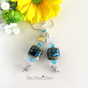 Sand and Sea Dangle Earrings Handmade Lampwork Glass Bead Earrings with Turtle Charm Beach Theme Earrings with Sterling Silver Findings image 2