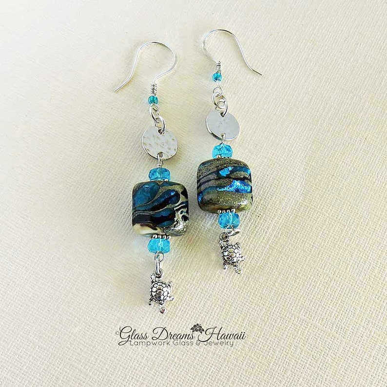 Sand and Sea Dangle Earrings Handmade Lampwork Glass Bead Earrings with Turtle Charm Beach Theme Earrings with Sterling Silver Findings image 3