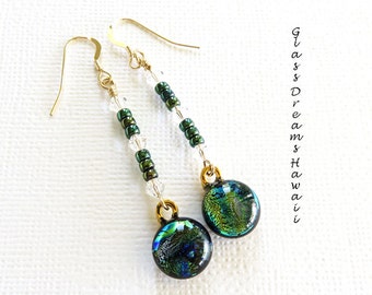 Pendientes colgantes de cristal dicroico, pendientes de gota de cristal fundido, joyería de cristal elegante hecha a mano, pendientes azules de pavo real, joyería BOHO