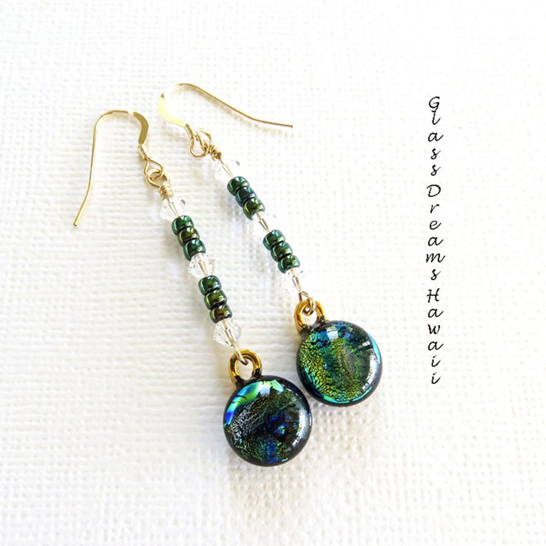 Dichroic Glass Dangle Earrings Fused Glass Drop Earrings Handmade Stylish Glass Jewelry Peacock Blue Earrings BOHO Jewelry image 1