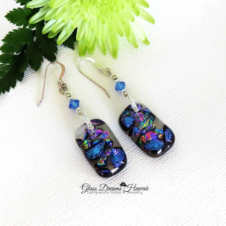 Fused Glass Drop Earrings, Dichroic Glass Dangle Earrings, Sparkling Glass Dangle Earrings. Art Glass Jewelry, Handmade Fashion Earrings image 2