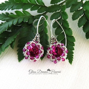 Swarovski Crystal Rivoli Dangle Earrings, Beaded Bezel Rivoli Earrings, Fuchsia Crystal Rivoli Earrings, Arched Fancy Ear Wires image 1