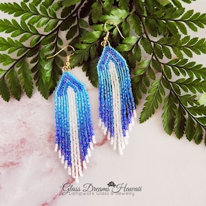 Beaded Fringe Earrings Cascade Beaded Dangle Earrings Boho Duster Earrings Hand Beaded Fashion Earrings Ocean Blue Earrings Comfort Wear