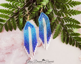 Beaded Fringe Earrings Cascade Beaded Dangle Earrings Boho Duster Earrings Hand Beaded Fashion Earrings Ocean Blue Earrings Comfort Wear