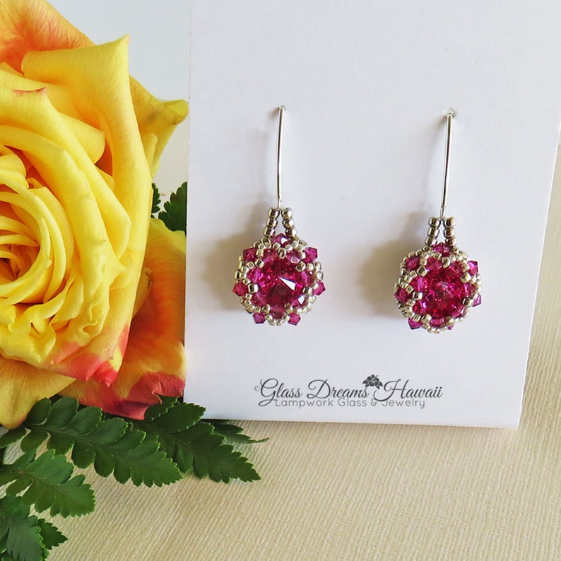 Swarovski Crystal Rivoli Dangle Earrings, Beaded Bezel Rivoli Earrings, Fuchsia Crystal Rivoli Earrings, Arched Fancy Ear Wires image 3