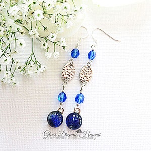 Lapis Blue Dangle Earrings Fused Dichroic Glass Earrings Glass Jewelry, Fashion Earrings Glass Dangle Earrings,Boho Jewelry image 2