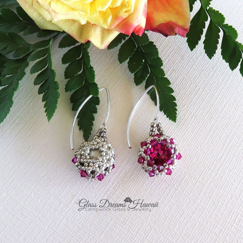 Swarovski Crystal Rivoli Dangle Earrings, Beaded Bezel Rivoli Earrings, Fuchsia Crystal Rivoli Earrings, Arched Fancy Ear Wires image 4