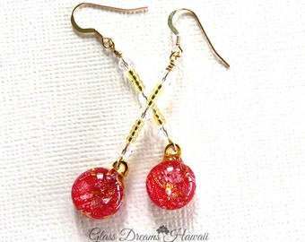 Dichroic Dangle Earrings, Fused Dichroic Glass Earrings, Dichroic Jewelry, Dichroic Fashion Earrings, Red Glittery Dangle Earrings